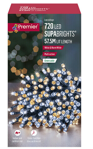 57.5m Supabrights 720 White & Warm White LED Multi Action Xmas Lights + Timer - Retail ABC - Branded Goods - Discount Prices