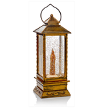 27cm Oblong Antique Gold Lantern Glitter Water Spinner Big Ben. Warm White LED White
